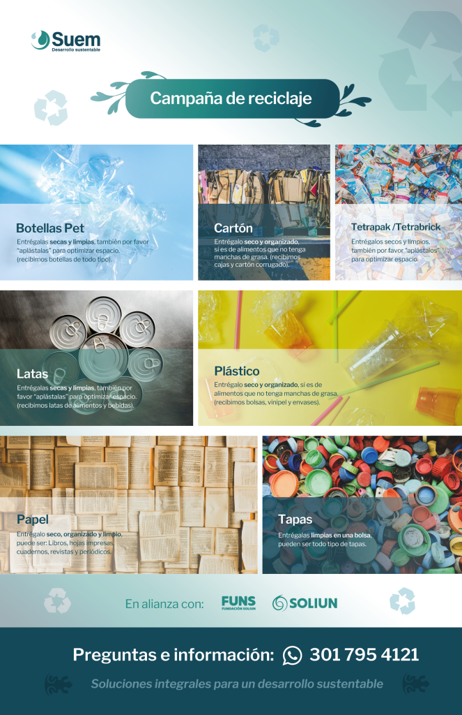 Campaña de reciclaje, tratamiento posconsumo, Botellas PET, Cartón, Latas, plástico, Papel, Tapas, Suem, Sustentabilidad empresarial.