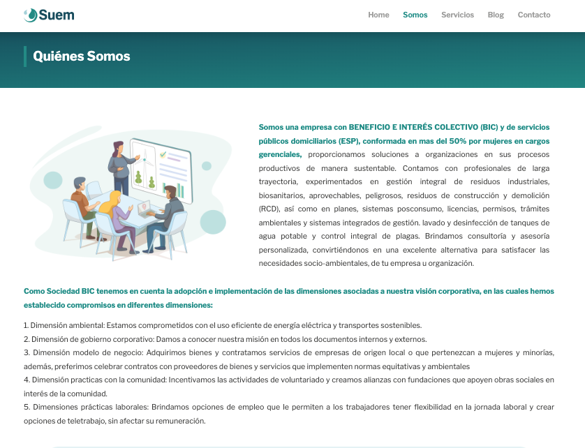 Imagen de captura de pantalla de la sección del sitio web de SUEM donde se aborda el apartado de : quiénes somos.