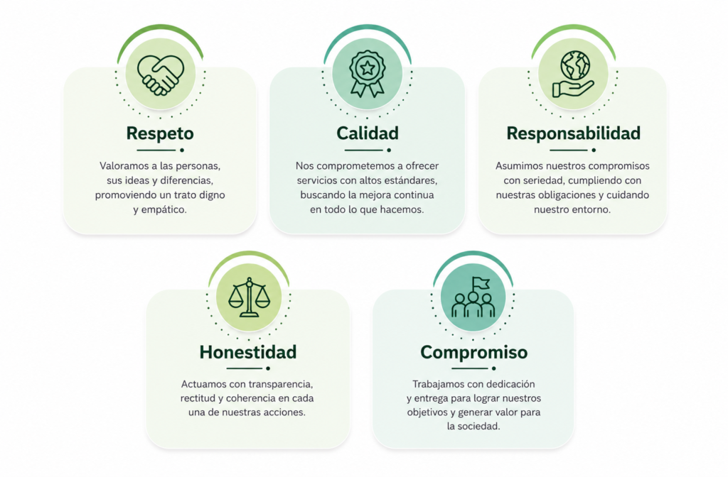 Imagen de descripción de cada uno de los valores corporativos.